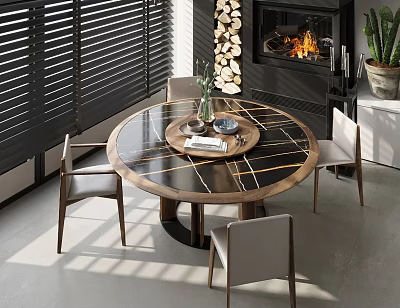 Quiet Dining Table and Chair Combination Fireplace Ornaments Green Planting 3d model