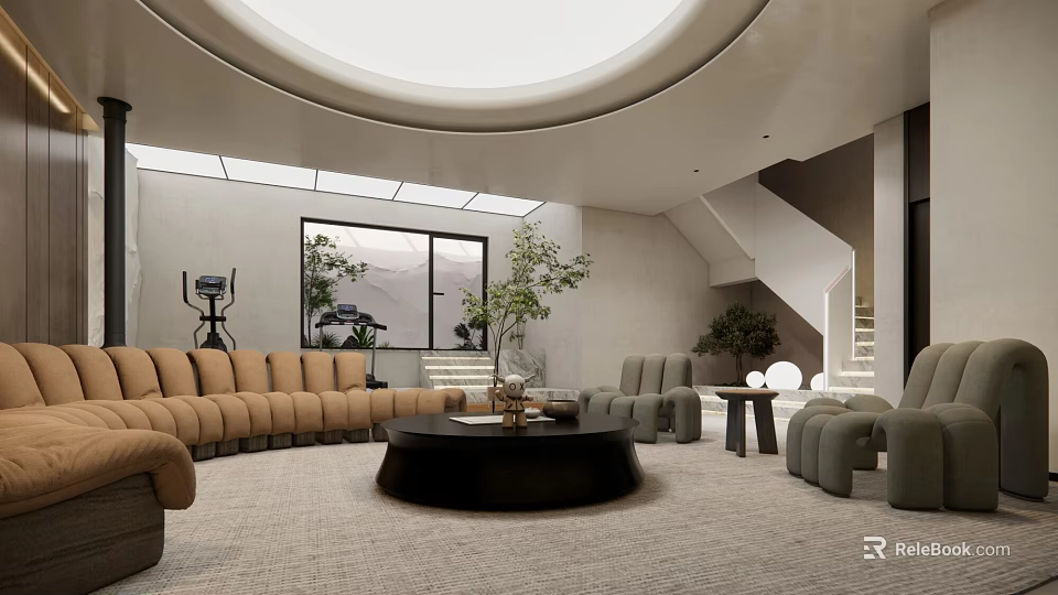 Modern Lounge Interior With Sofas Coffee Table Plants Skylight And Staircase 3d model 
