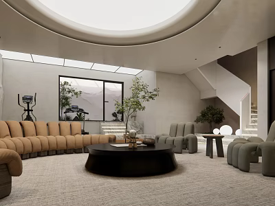 Modern Lounge Interior With Sofas Coffee Table Plants Skylight And Staircase 3d model