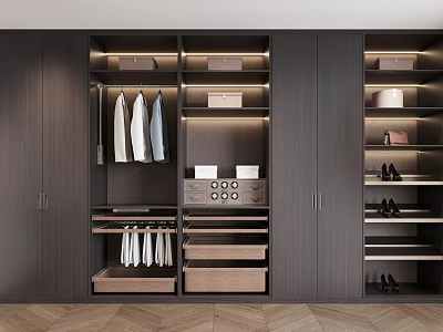 Modern Wardrobe Interior Design With Hanging Clothes Drawers Shelves And Built-in Lighting 3d model