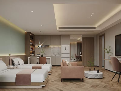 Modern Hotel Room With Twin Beds Herringbone Flooring Cozy Armchair Recessed Lighting And Kitchenette 3d model