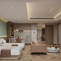 Modern Hotel Room With Twin Beds Herringbone Flooring Cozy Armchair Recessed Lighting And Kitchenette