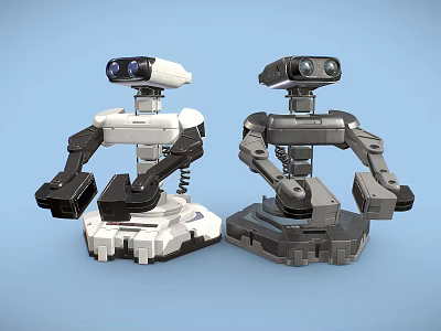 Two Intelligent Robots With White And Gray Bodies Mechanical Arms And Camera Eyes 3d model