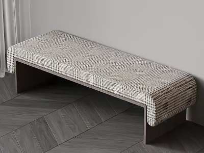 Modern Plaid Upholstered Bench With Wooden Legs On Dark Wooden Floor Interior 3d model