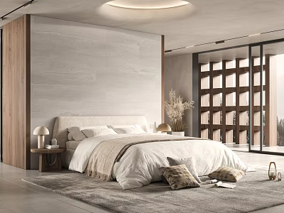 Modern Elegant Bedroom Interior Design With Upholstered Headboard Plush Rug And Soft Lighting 3d model