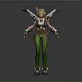 Game Movie Character Wearing White Top Green Tights With Blonde Hair Goggles And Mechanical Wings