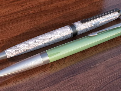 Two Stylish Pens Silver Patterned And Green Colored On Wooden Table Surface 3d model