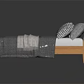 Double Bed With Wooden Frame Slatted Headboard Two Checkered Pillows And Gray Striped Comforter