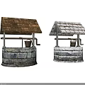Two Traditional Water Wells With Brown And White Wooden Roofs Stone Bases And Buckets