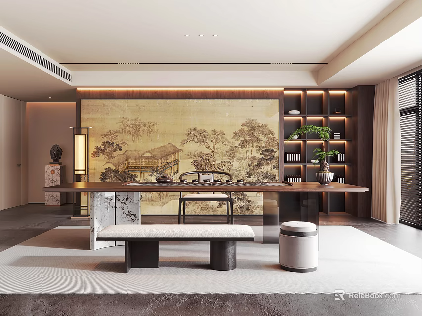 Tea Room Interior Design With Long Table Bench Wall Painting And Bookshelf 3d model