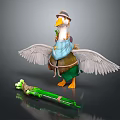 Duck Game Character Wearing Hat Blue Apron Green Pants With Spread Wings And Green Weapon