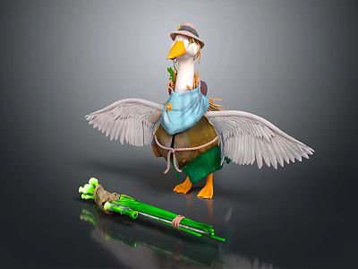 Duck Game Character Wearing Hat Blue Apron Green Pants With Spread Wings And Green Weapon 3d model