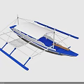 Seagull Perched On Blue And White Boat With Wooden Deck And Netting