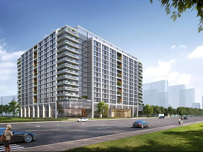 Modern High Rise Residential Building In Urban Area With Roads And Greenery 3d model