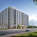 Modern High Rise Residential Building In Urban Area With Roads And Greenery