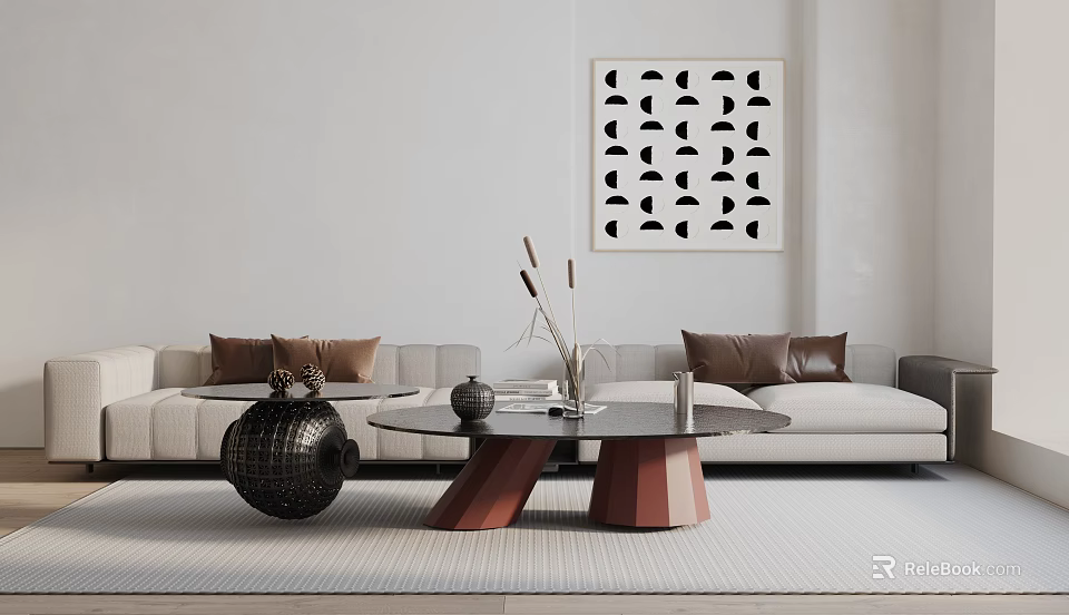 Light Colored Multi Seater Sofa With Dark Cushions And Modern Coffee Table In Living Room 3d model 
