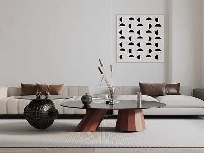 Light Colored Multi Seater Sofa With Dark Cushions And Modern Coffee Table In Living Room 3d model