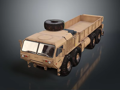 Khaki Military Truck with Six Wheels Open Cargo Bed and Spare Tire on Roof 3d model