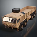 Khaki Military Truck with Six Wheels Open Cargo Bed and Spare Tire on Roof