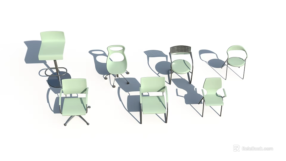 Multiple Light Green Office Chairs Showcasing Various Designs And Backrest Styles 3d model 