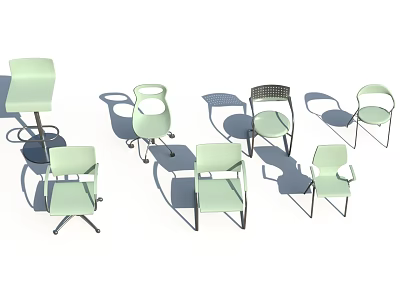 Multiple Light Green Office Chairs Showcasing Various Designs And Backrest Styles 3d model