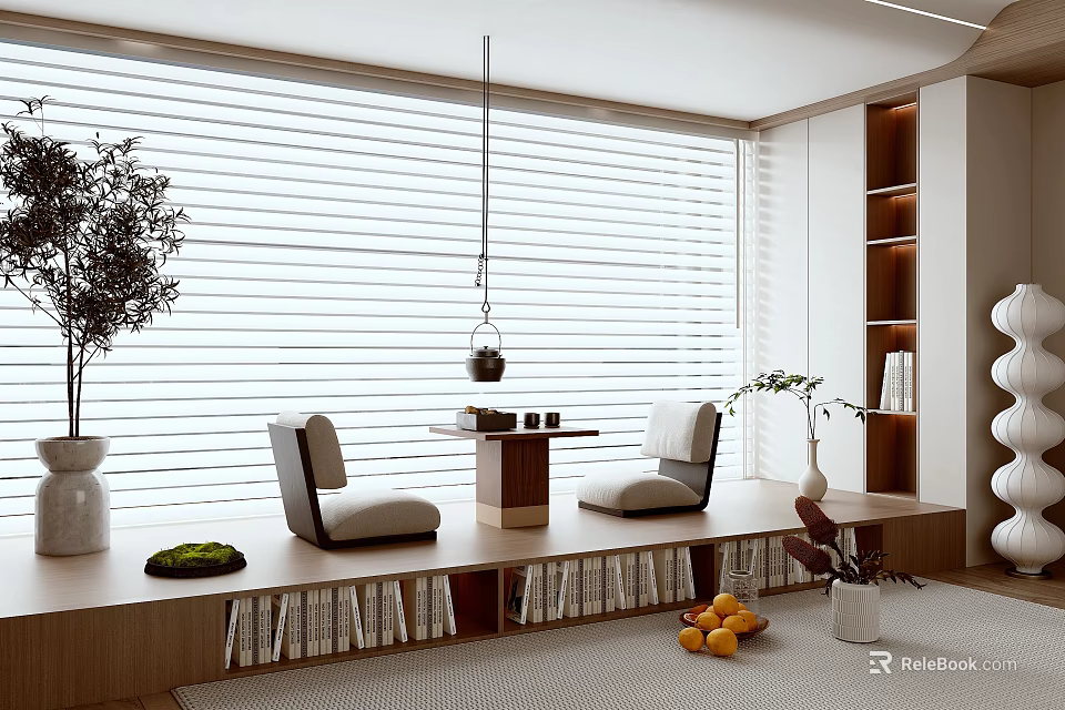 Modern Study Room Interior With Open Bookshelves Desk Chairs And Green Plants 3d model 