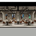 Modern Industrial Hot Pot Restaurant Interior With Arched Windows Hanging Pendant Lights Tables And Chairs