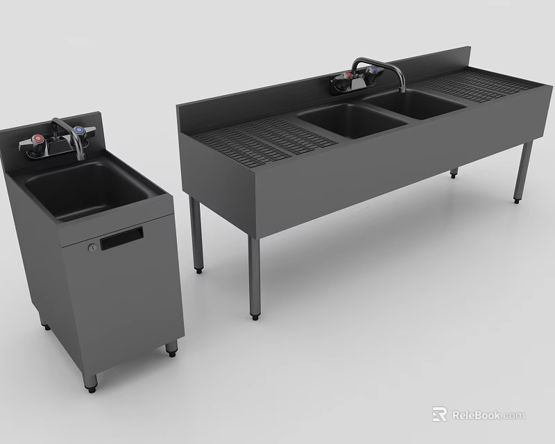 Gray Stainless Steel Mobile Small Single Basin and Large Double Basin Kitchen Sinks with Drainboard 3d model 