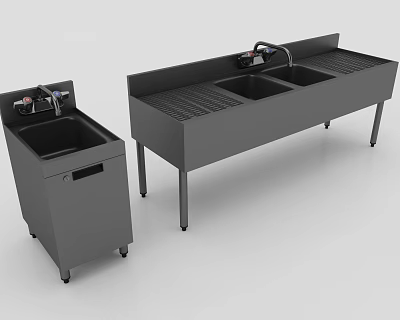 Gray Stainless Steel Mobile Small Single Basin and Large Double Basin Kitchen Sinks with Drainboard 3d model