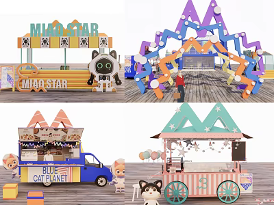 Colorful Cartoon Magastar Stalls And Blue Cat Planet Food Truck With Star Decorations 3d model