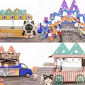 Colorful Cartoon Magastar Stalls And Blue Cat Planet Food Truck With Star Decorations