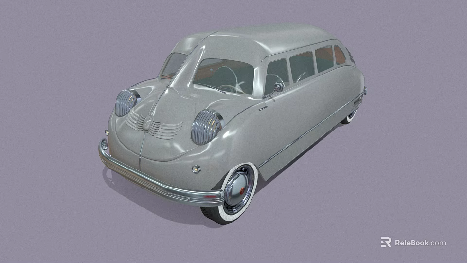 Vintage Silver Gray Classic Sedan With Streamlined Design Front Grille And White Wheels 3d model 