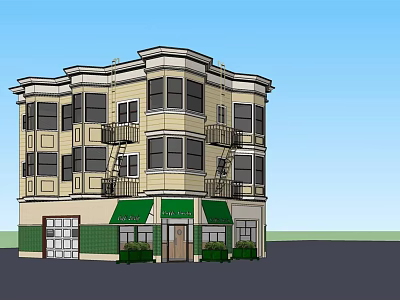 Multi Story Building Exterior Featuring Beige Walls Green Awnings Staircases And Windows 3d model