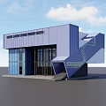Modern Blue Container Building With Large Glass Windows And External Staircase 3d model
