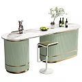 Modern Bar Counter With Light Green Cabinet Marble Top And Fruit Platter Green Plant Wine Bottles