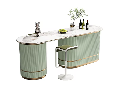 Modern Bar Counter With Light Green Cabinet Marble Top And Fruit Platter Green Plant Wine Bottles 3d model