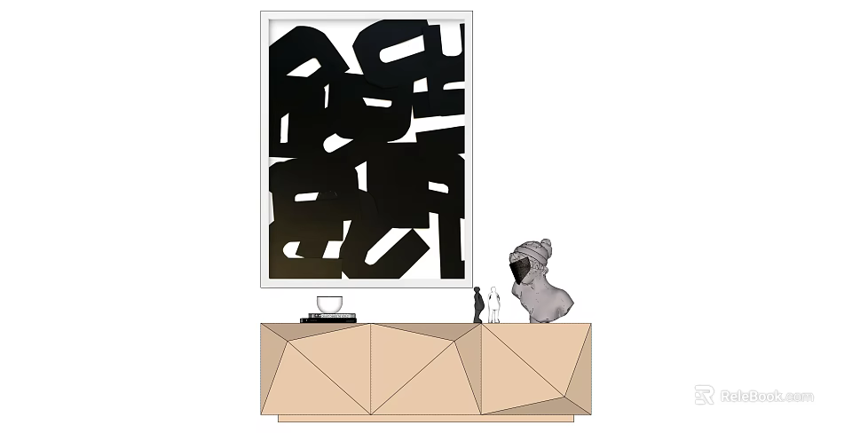 Abstract Black And White Art Painting On Geometric Beige Cabinet With Sculpture Decor 3d model 