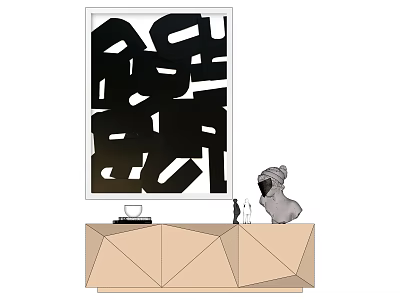 Abstract Black And White Art Painting On Geometric Beige Cabinet With Sculpture Decor 3d model
