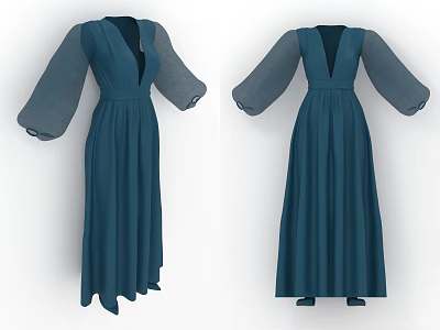 Elegant Deep Blue Long Sleeve Dress With V Neck Transparent Sleeves And Pleated Skirt 3d model