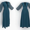 Elegant Deep Blue Long Sleeve Dress With V Neck Transparent Sleeves And Pleated Skirt
