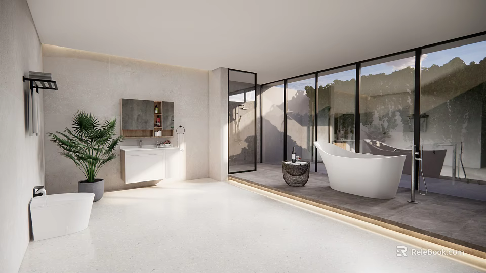 Modern Bathroom Interior With White Bathtub Vanity Mirror Potted Plant And Large Windows 3d model 