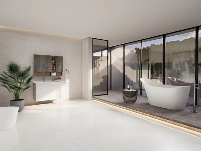 Modern Bathroom Interior With White Bathtub Vanity Mirror Potted Plant And Large Windows 3d model