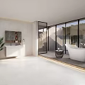 Modern Bathroom Interior With White Bathtub Vanity Mirror Potted Plant And Large Windows