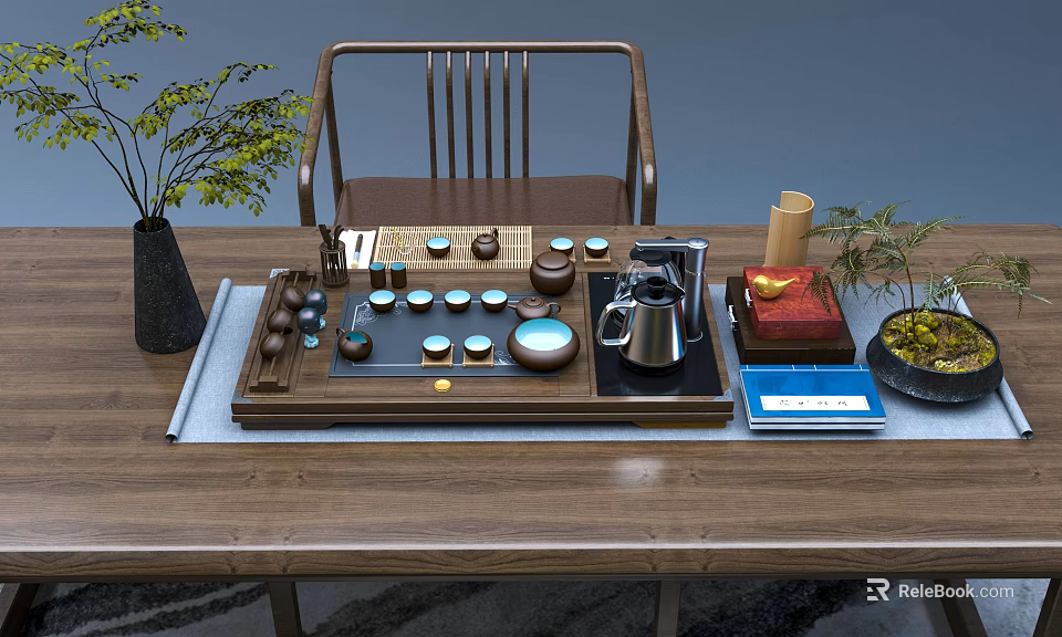 Garden Landscape With Wooden Tea Table Tea Set And Green Plant Decorations 3d model 