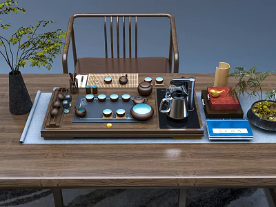 Garden Landscape With Wooden Tea Table Tea Set And Green Plant Decorations 3d model