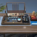 Garden Landscape With Wooden Tea Table Tea Set And Green Plant Decorations