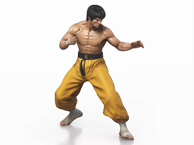 Shirtless Muscular Man In Yellow Pants And Black Belt Striking Martial Arts Fighting Stance 3d model
