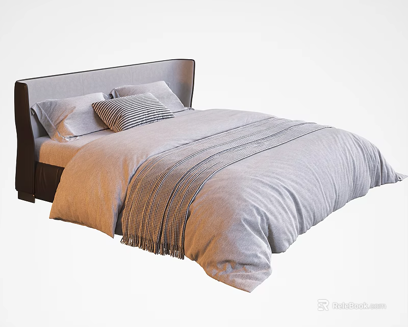 Modern Minimalist Double Bed With Striped Blanket And Soft Pillows 3d model