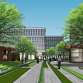 Modern Industrial Factory Building With Green Landscaping Trees And Pedestrians Walking