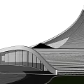 Modern Architecture Building With Streamlined Roof Metal Stripes Square Skylight And Landscaped Lawns Curved Paths
